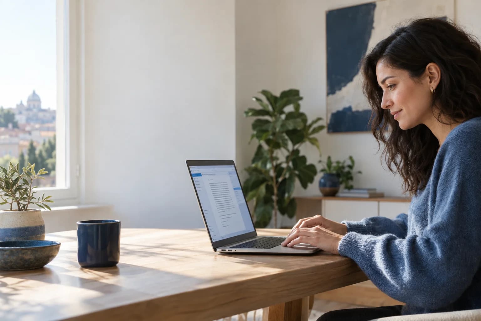 Una scrittrice lavora al computer con il suo assistente di scrittura