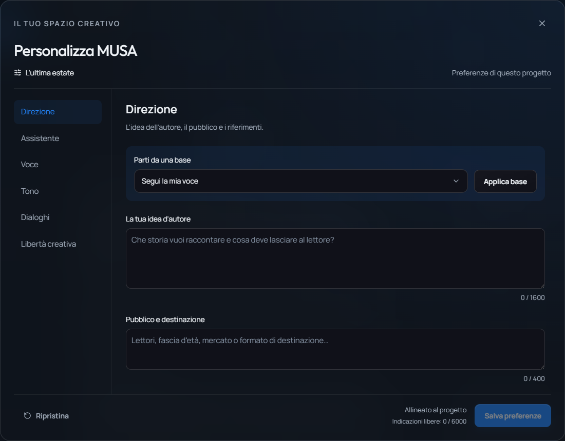 Le impostazioni di MUSA per il progetto